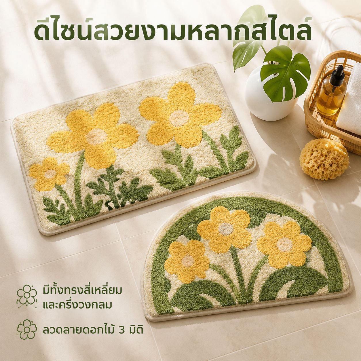 พรมเช็ดเท้าห้องน้ำลายดอกไม้ ขนสูงต่ำ กันลื่น ซับน้ำได้ดี