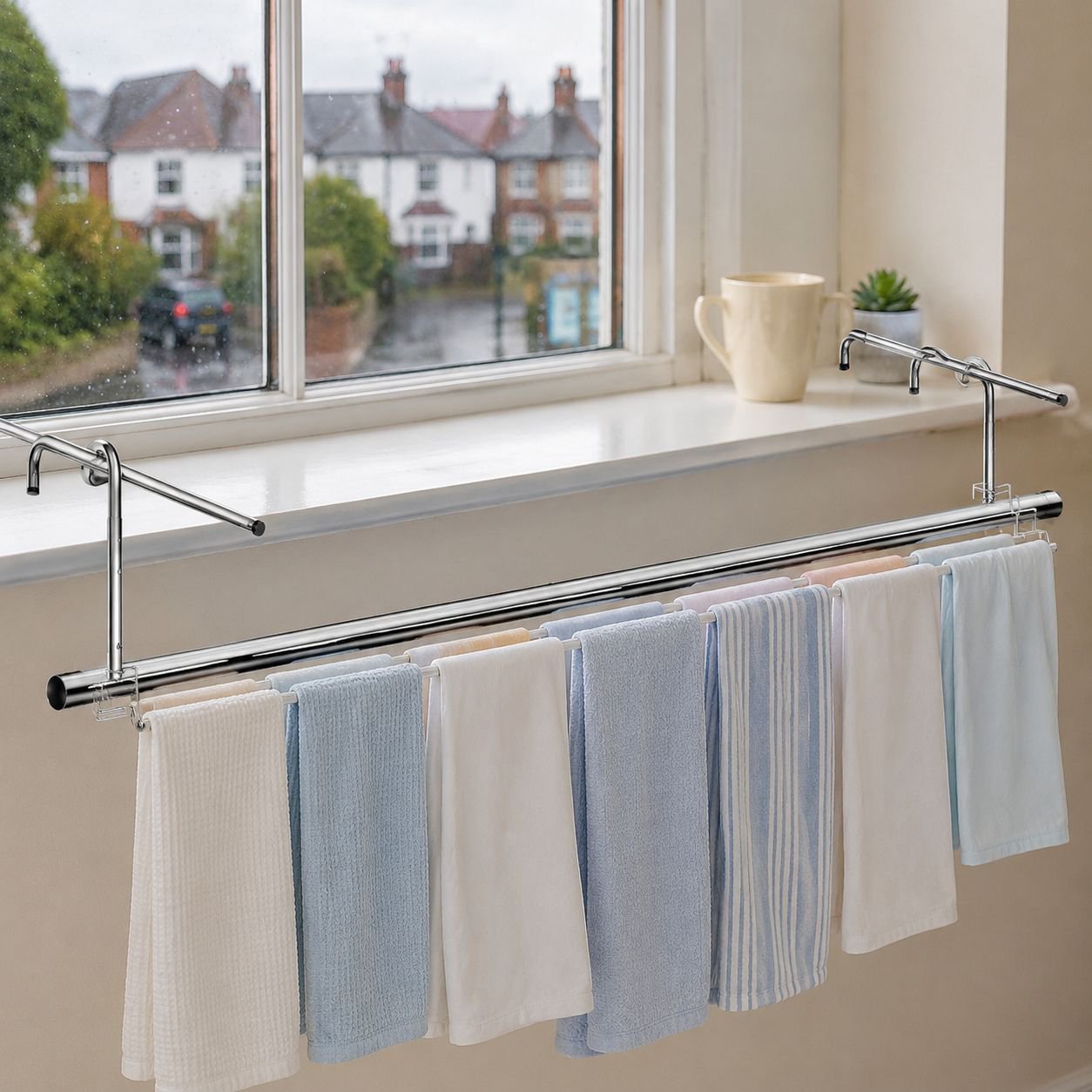 Liftable indoor clothes drying rod in modern laundry room