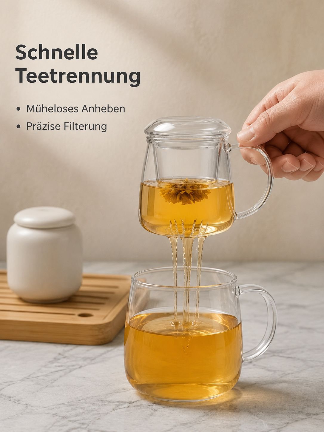 Doppelwandige Teetasse aus Borosilikatglas mit Filter