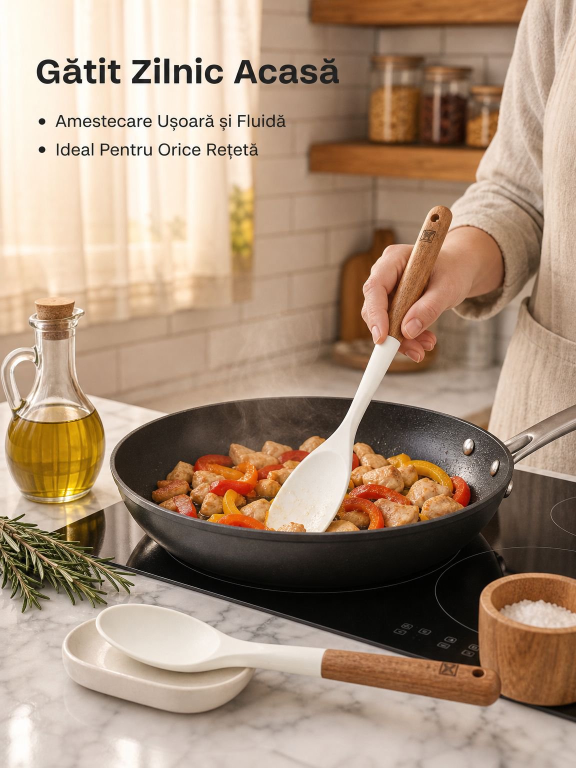 Set de lingură și spatulă din silicon cu mâner scurt din lemn