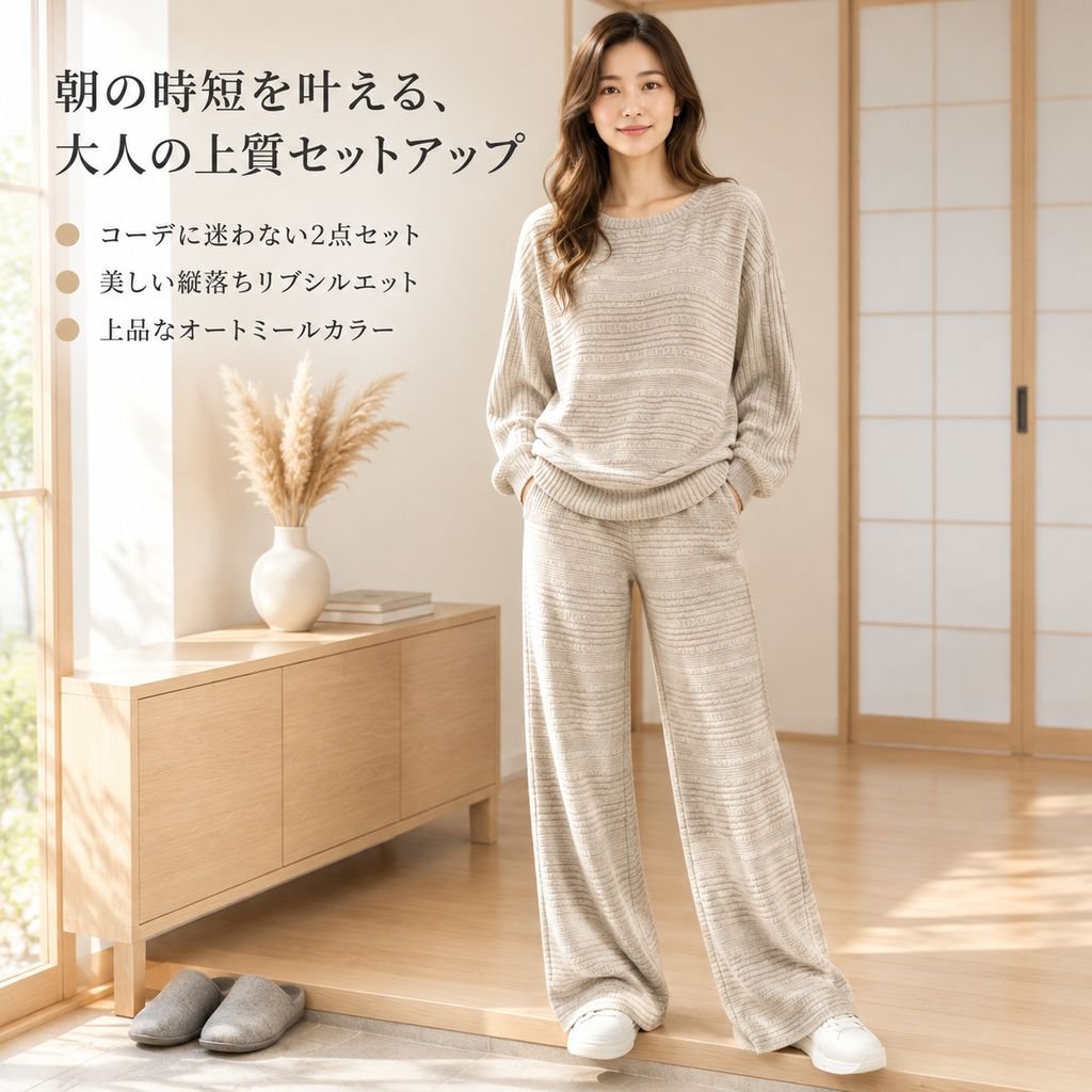 レディース 秋冬 リブニット セットアップ 長袖トップス ワイドパンツ 2点セット カジュアル