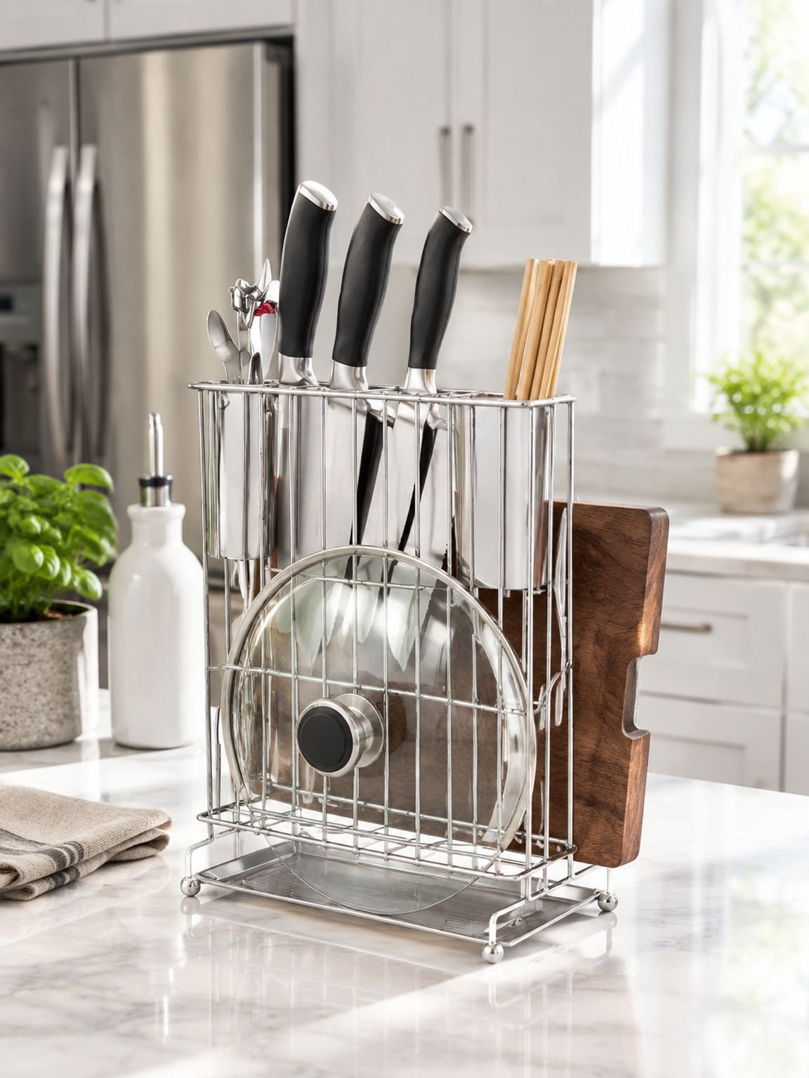Soporte doméstico para cucharas con tabla de picar