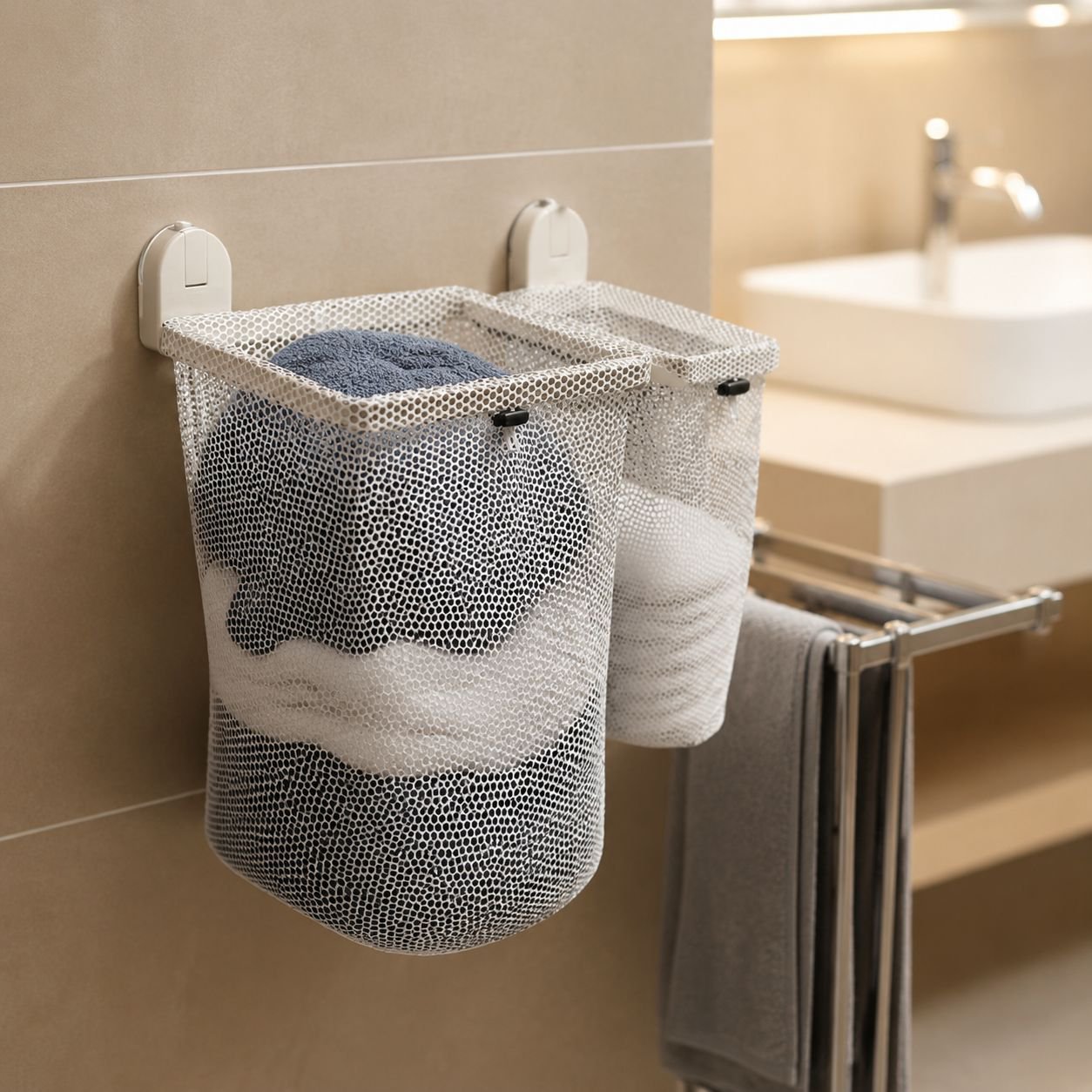 Double Suction Cup Wall-Mounted Foldable Breathable Laundry Basket, Suitable for Bathroom