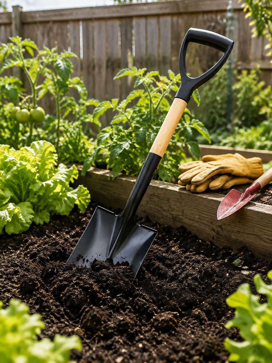 Close-up of manganese steel scoop on garden shovel