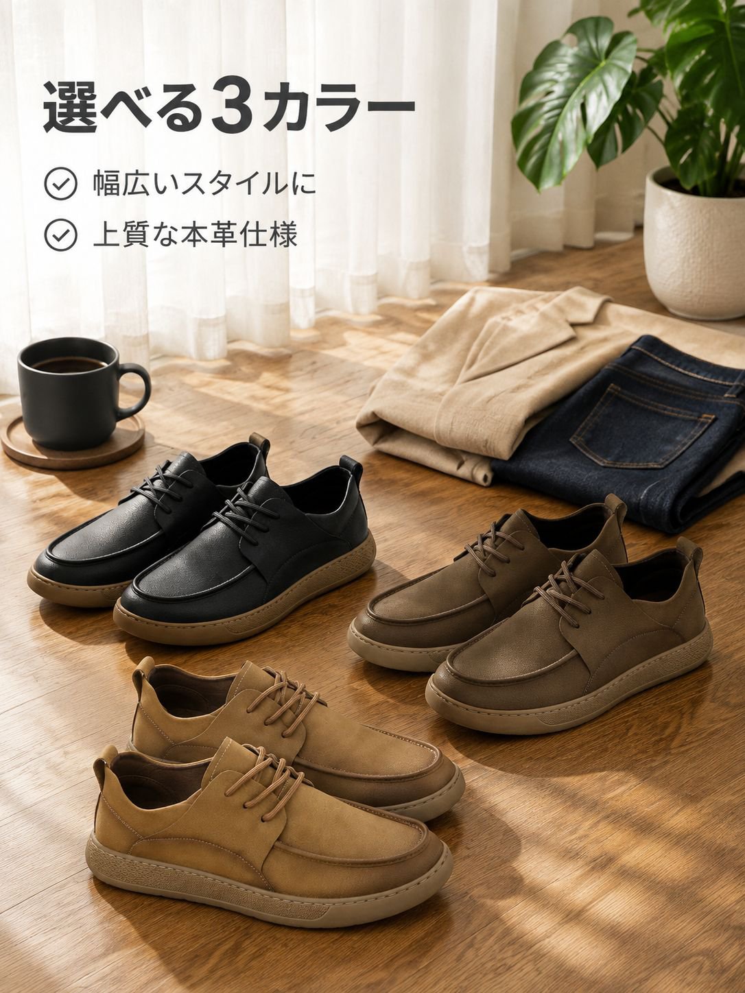 本革を使用した通気性と防臭性に優れたメンズカジュアルシューズ。柔らかなアッパー素材で、汎用性とトレンド感に優れたシューズです。