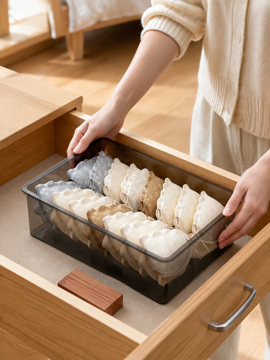 Plastic drawer organizer filled with office supplies