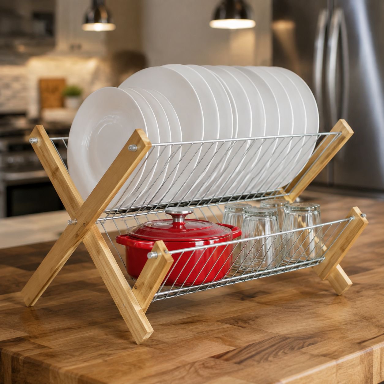 Space-saving bamboo drying rack for dishes and utensils