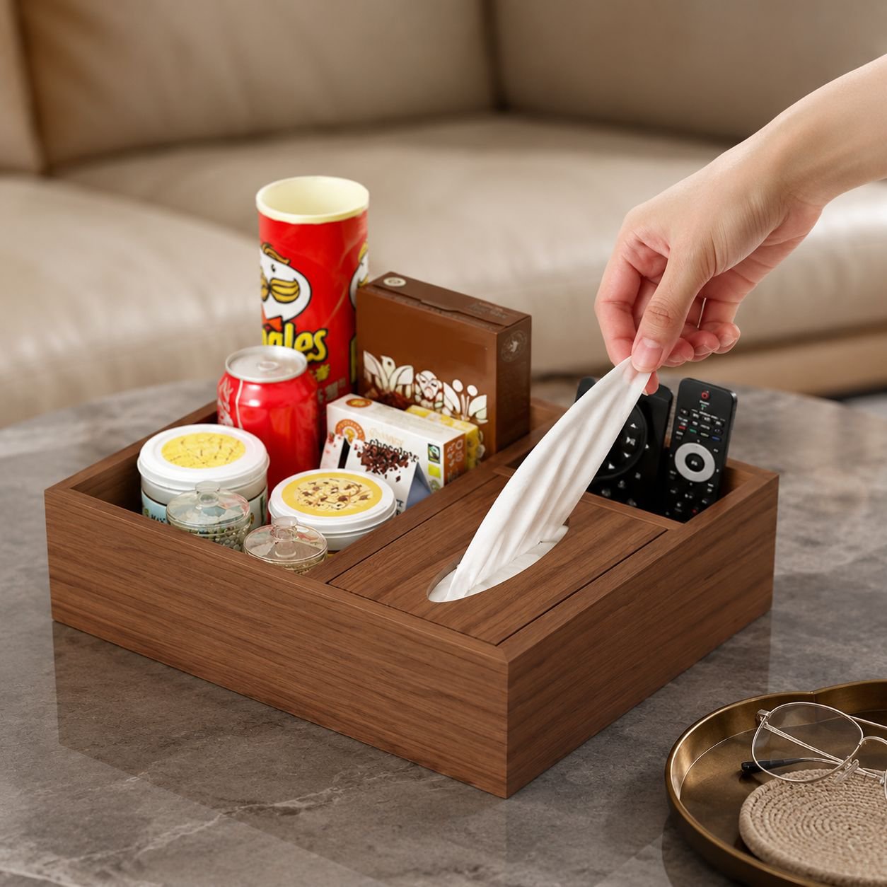 Living room coffee table with built-in tissue box