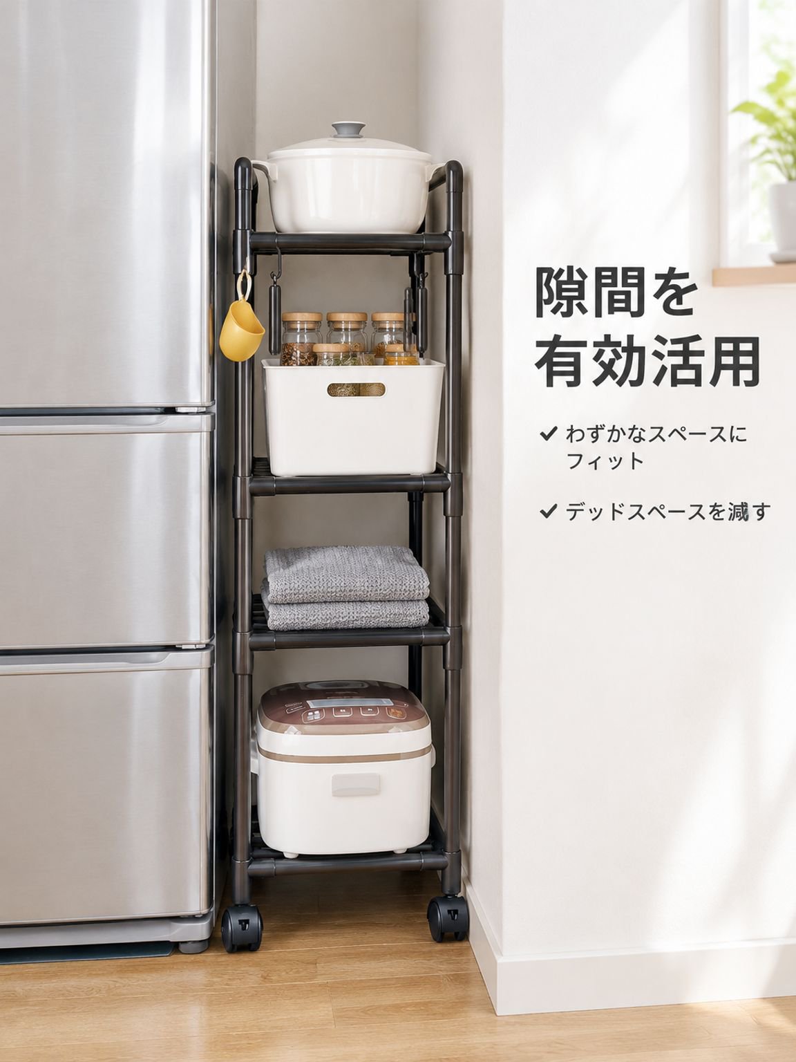 省スペースデザインの床置き収納ラック