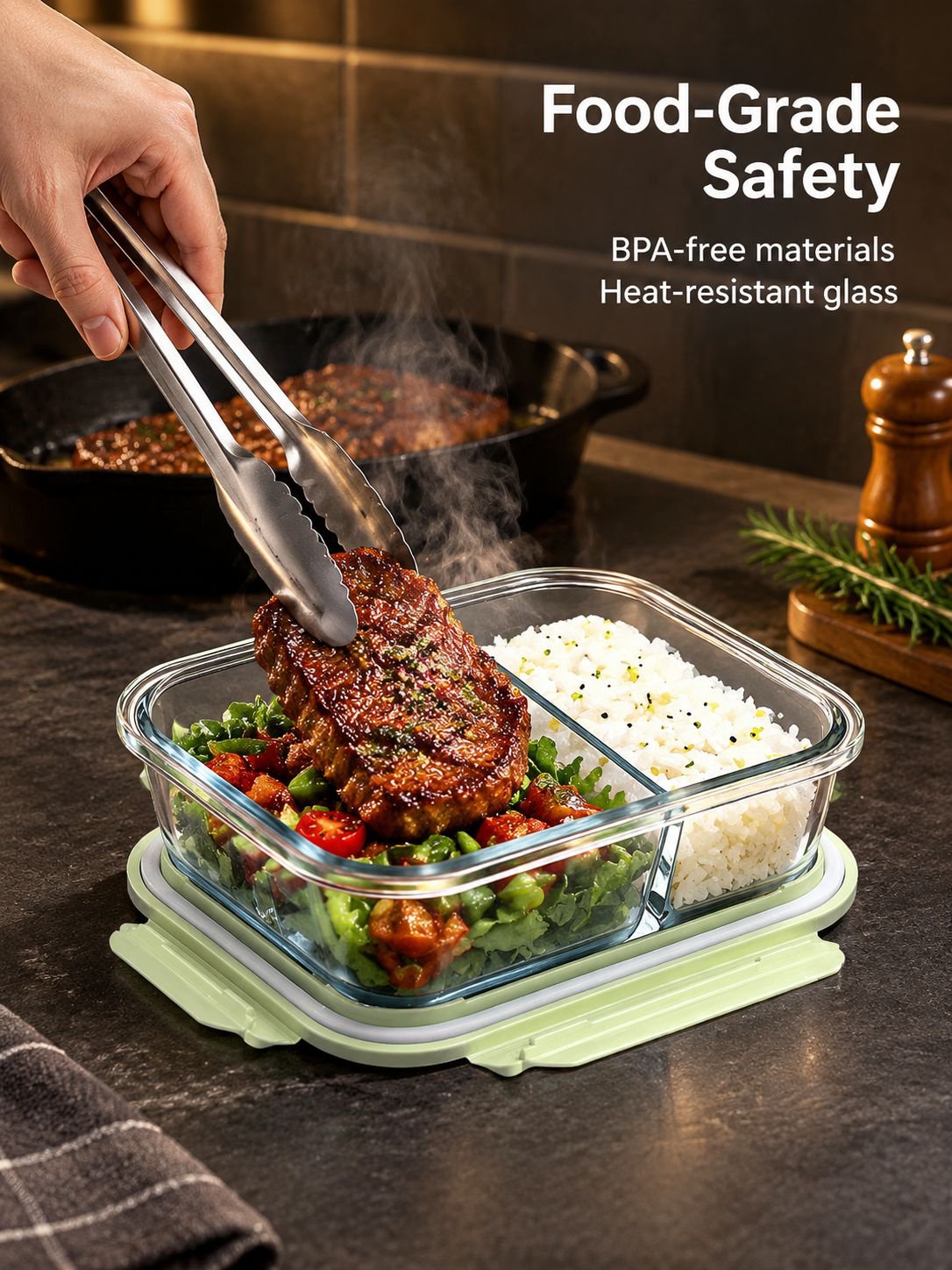 Bento lunch box with glass base and lid for organized food storage