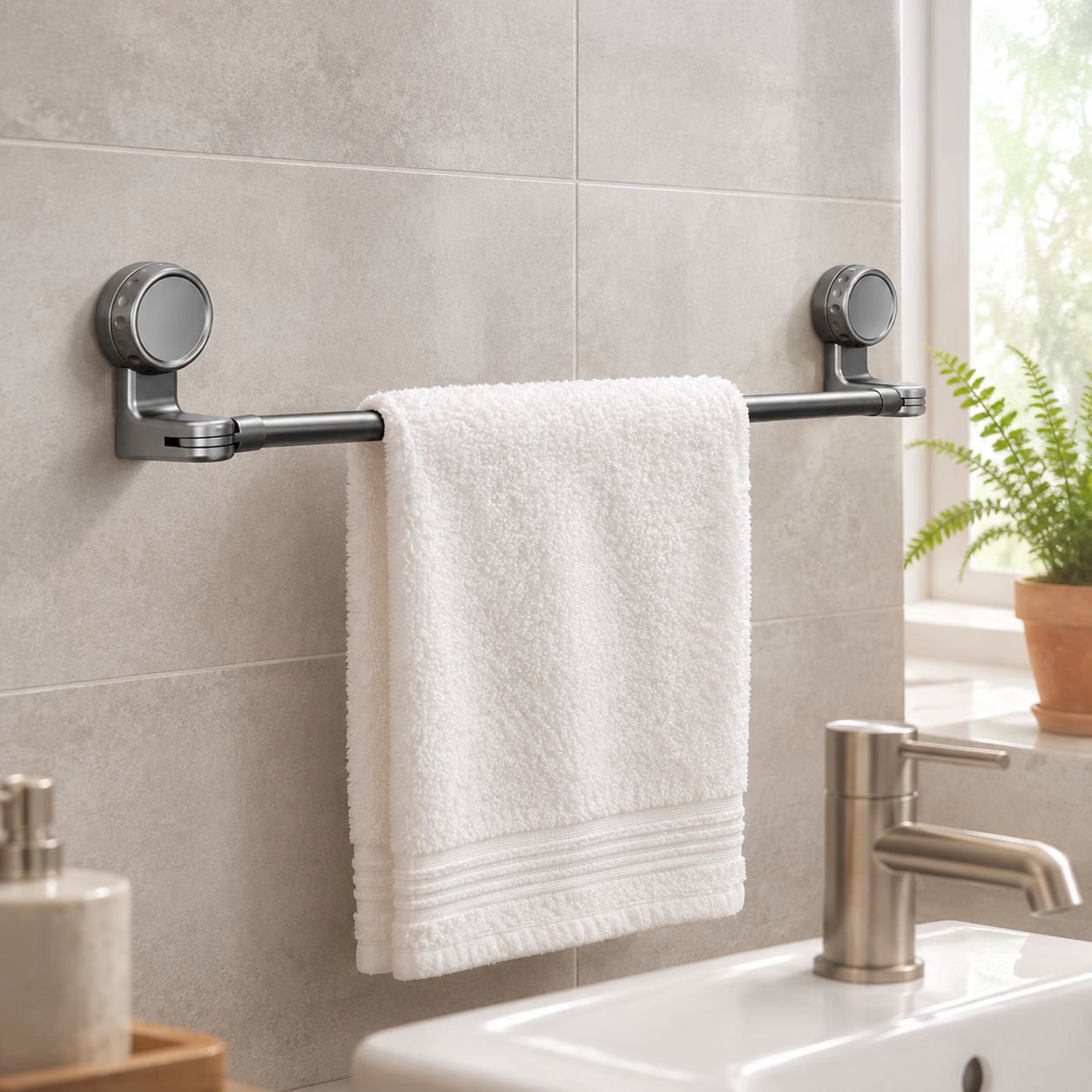 Wall mounted towel holder suitable for tiles and smooth surfaces