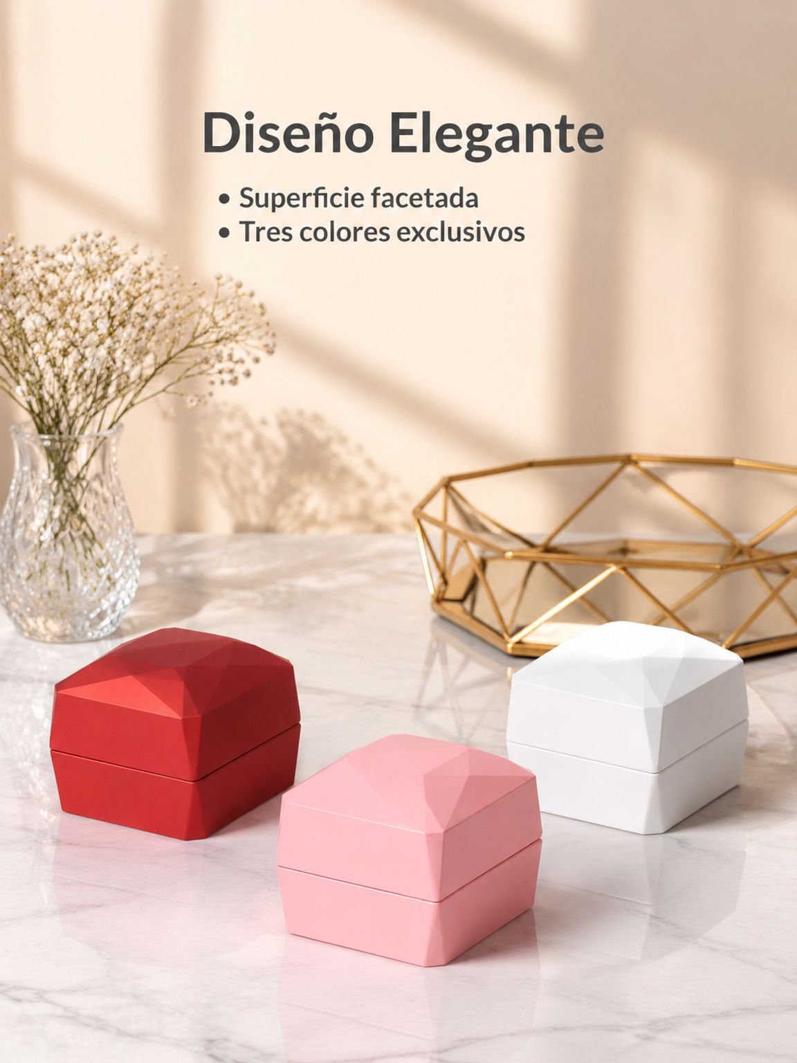Estuche para joyas con LED y superficie facetada tipo diamante, caja para anillo y colgante