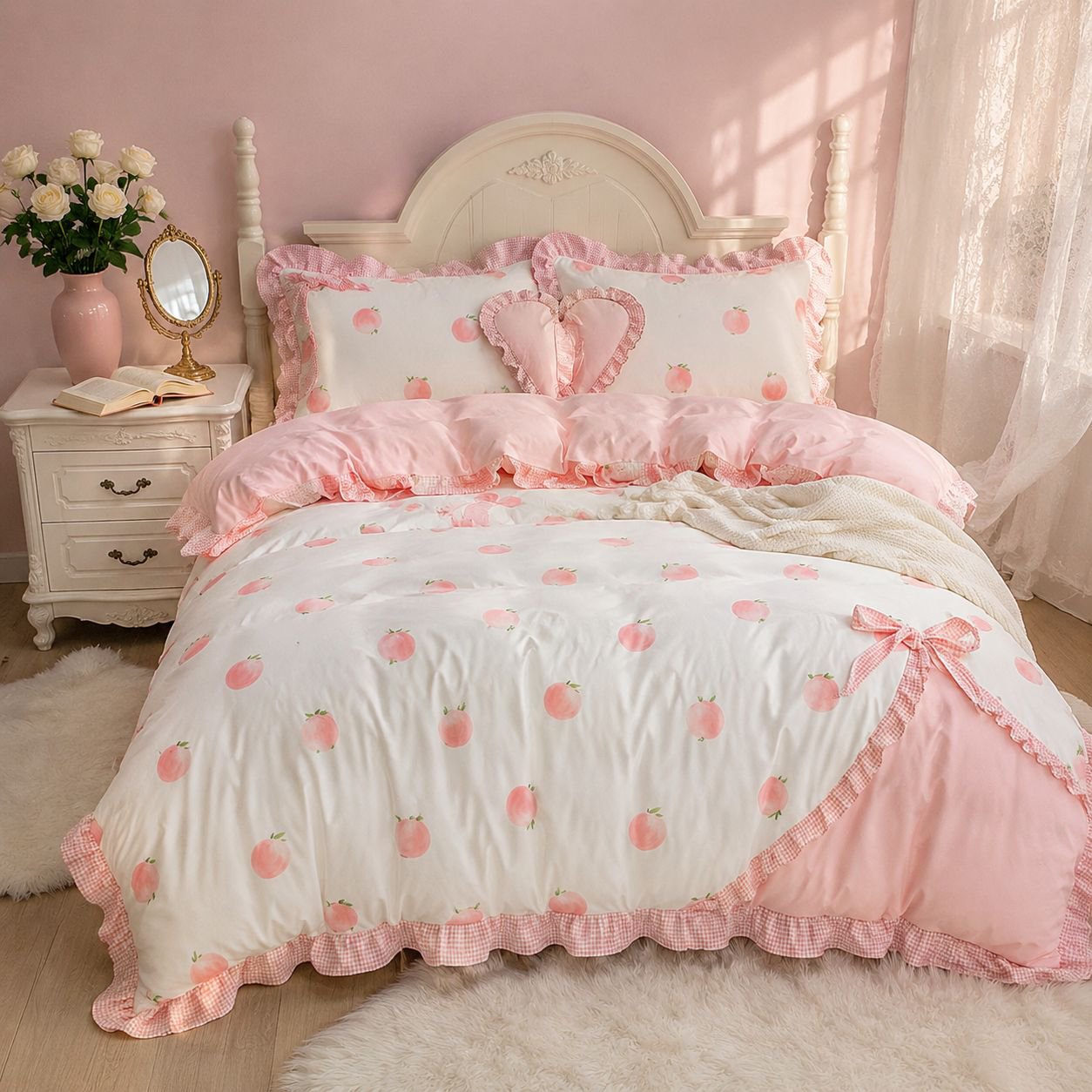 All-Season Princess Double Bed 4-Piece Set with Girly Lace Details