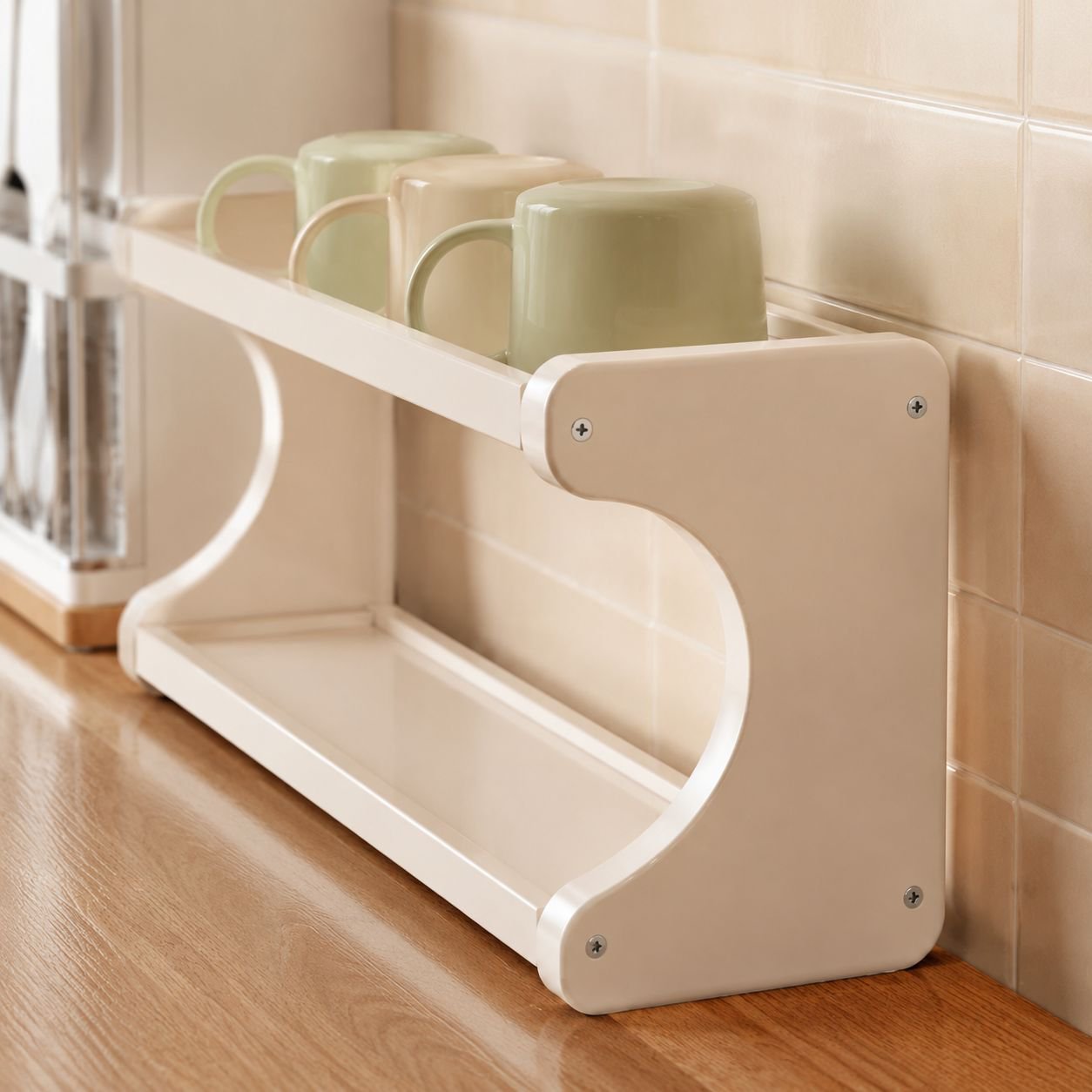 Modern cup rack showcasing assorted cups and mugs