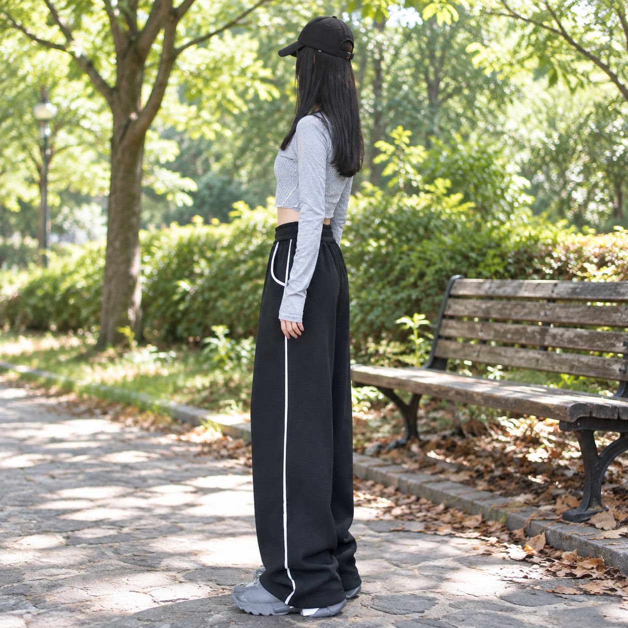 レディース秋冬ゆったり細見せストレートスウェットパンツ サイド配色ハイウエストワイドカジュアルパンツ