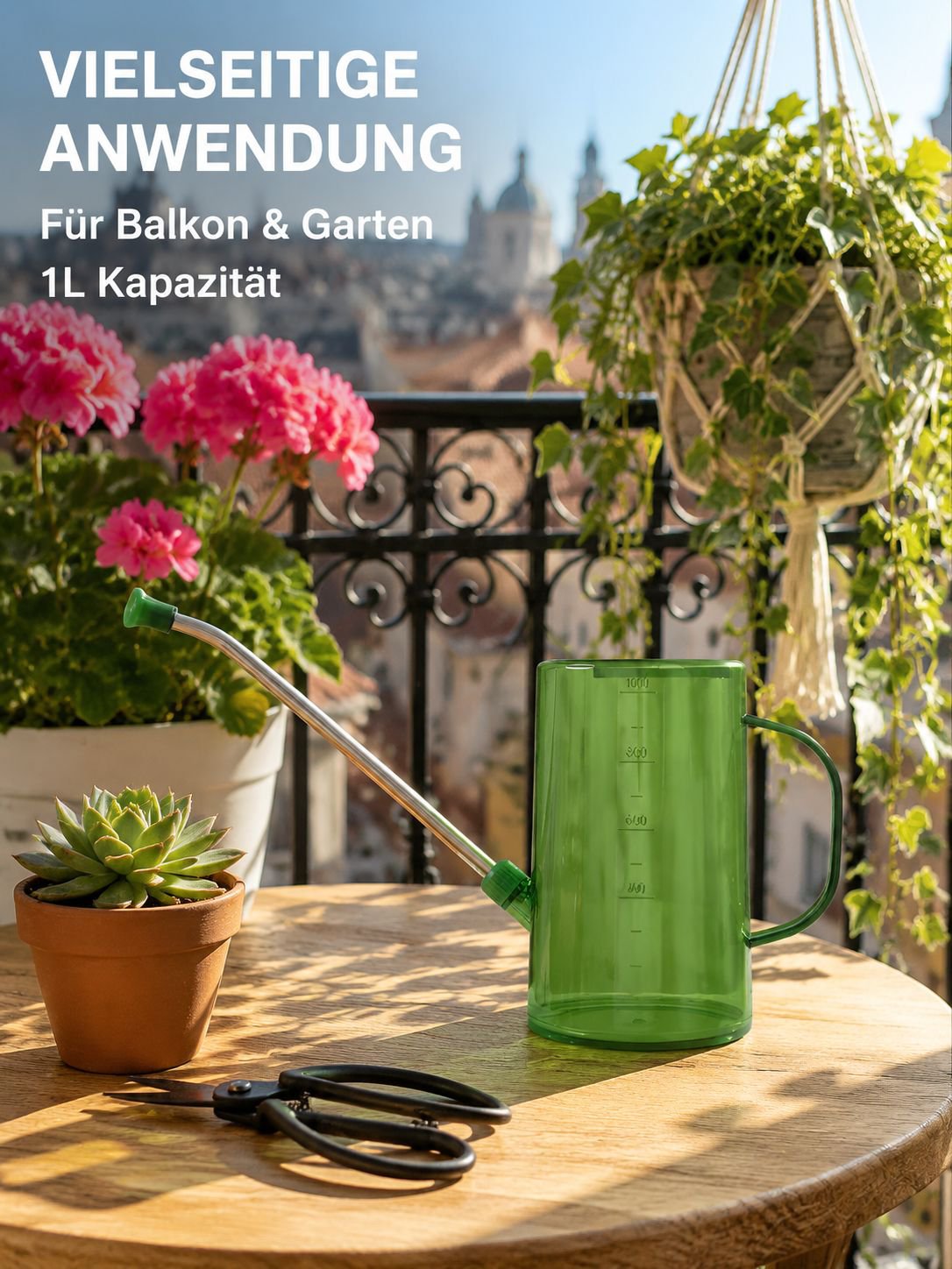 Edelstahl-Gießkanne mit langem Ausguss, transparent mit Skala, für den Haus- und Gartenbedarf