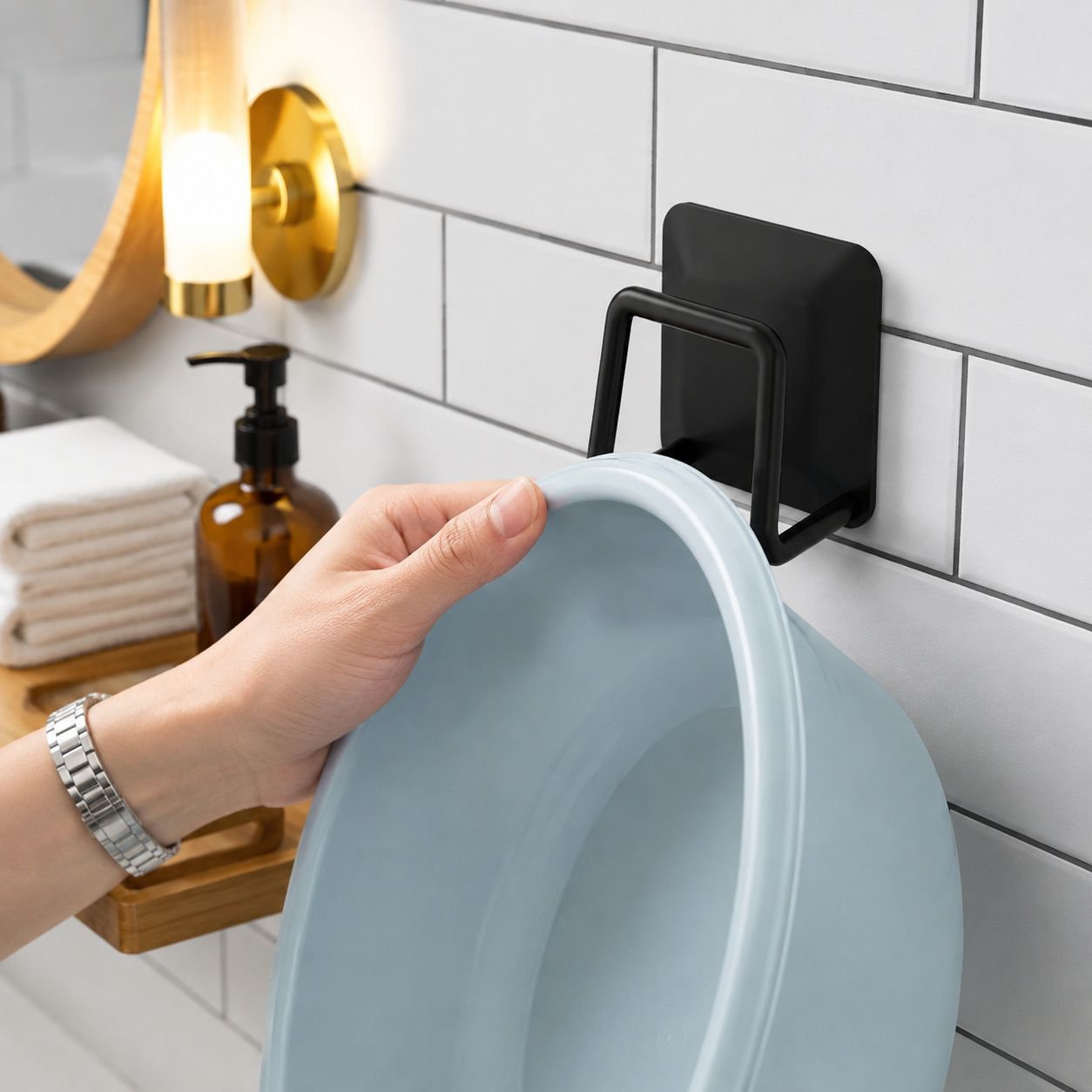 Under basin rack maximizing bathroom space
