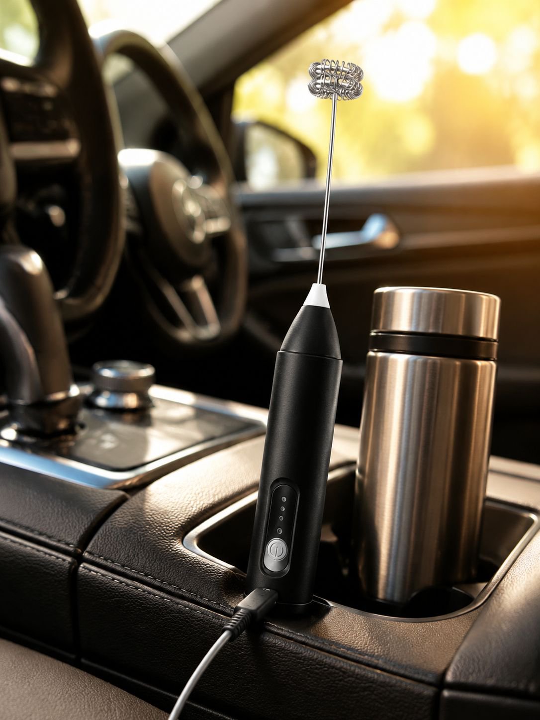 Electric milk frother creating cappuccino foam