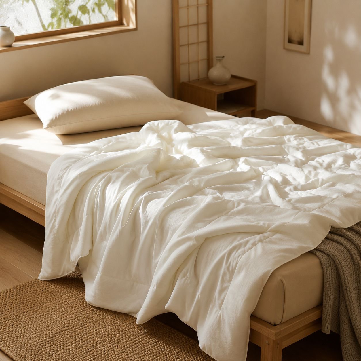暖かい掛け布団を使った快適な睡眠シーン