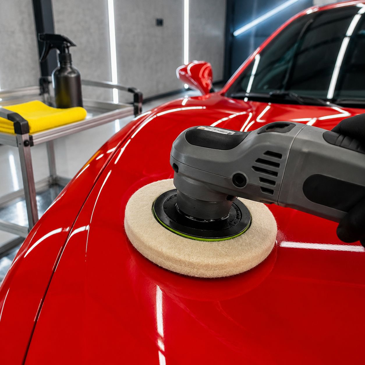 Car polishing pad attached to rotary buffer