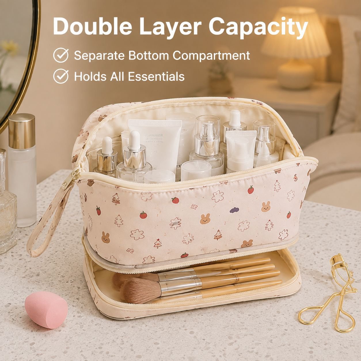 Double-layer Waterproof Cute Makeup Bag Large Capacity Organizer