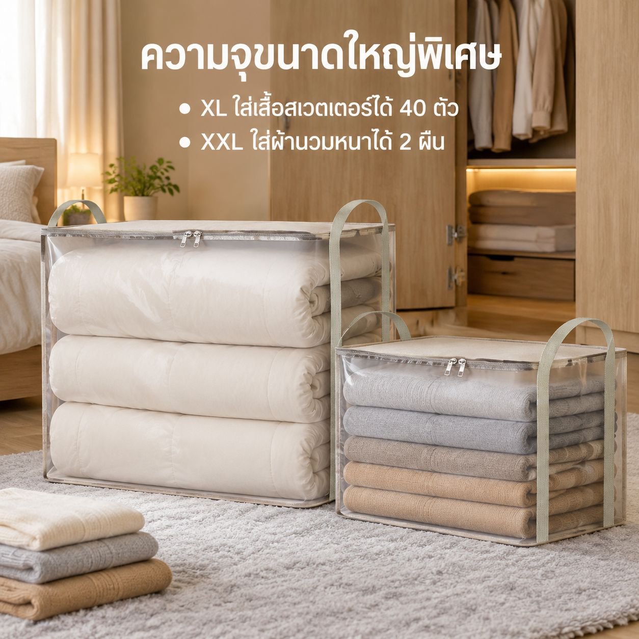 กระเป๋าเก็บเสื้อผ้าความจุสูงพร้อมหูหิ้วและโครงสร้างเสริมความแข็งแรง