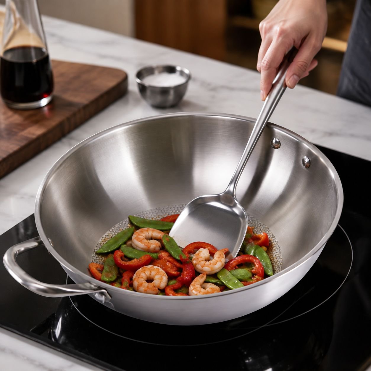 Household 304 Stainless Steel Non-Coated Frying Pan, Suitable for IH Cooktops