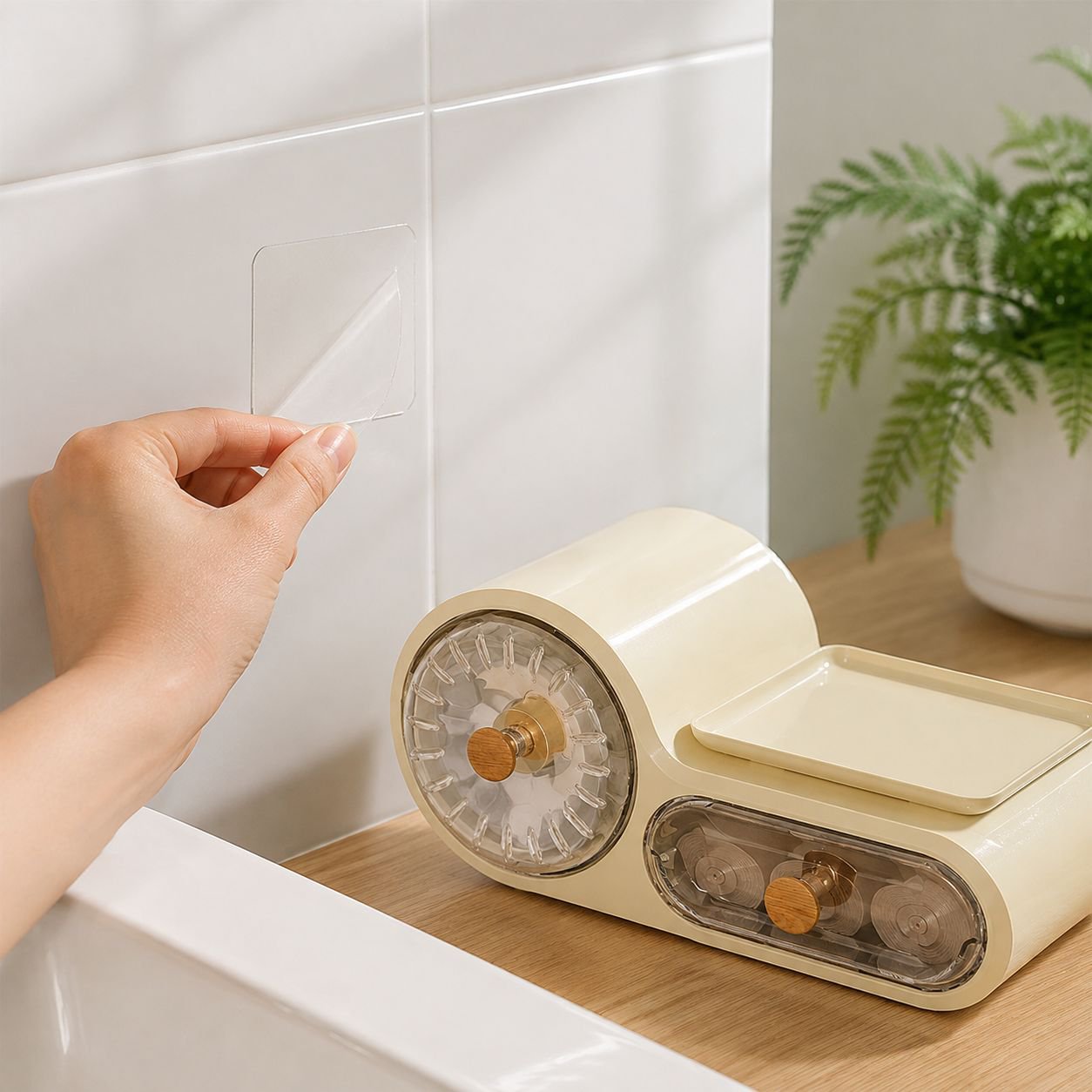 Minimalist design washstand organizer on tiled wall