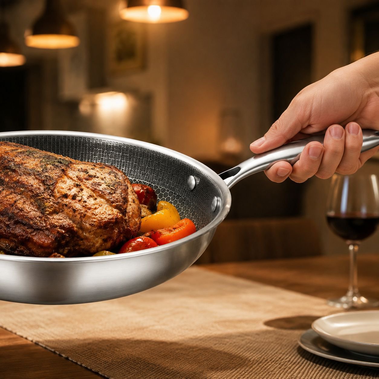 Durable stainless steel pan for searing steak