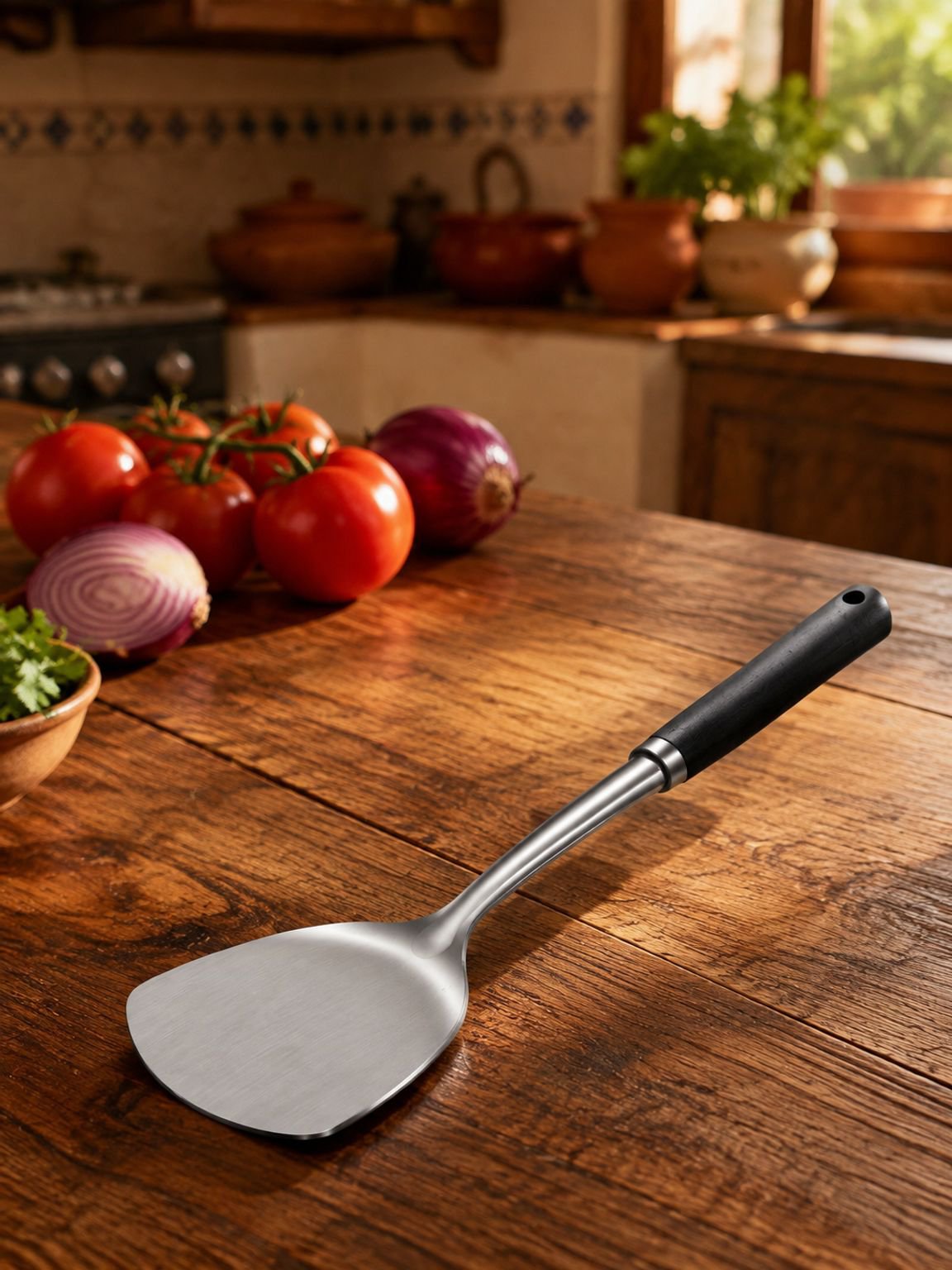 Espátula de acero inoxidable engrosada para cocinar.