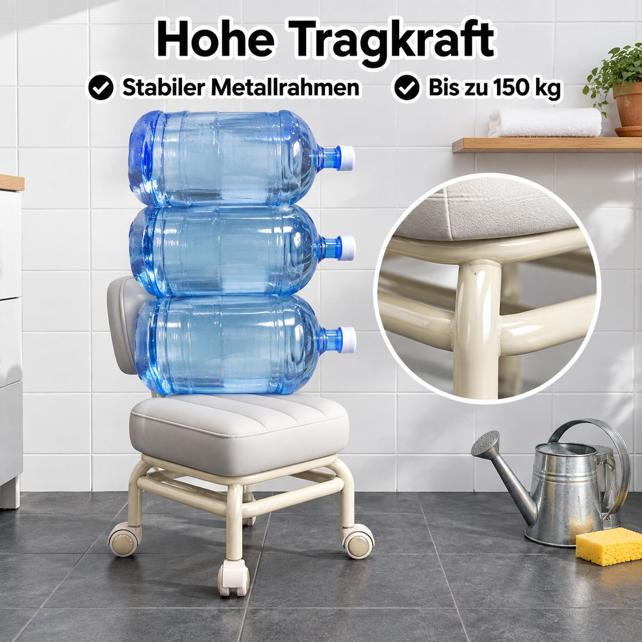 Bequemer Hocker mit Rückenlehne, weicher Polsterung und Rollen