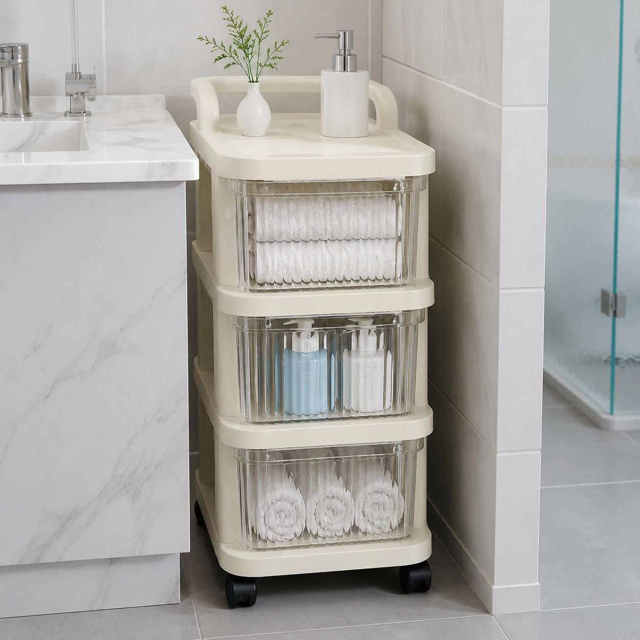 Home Office Organization with Transparent Drawer Cabinet