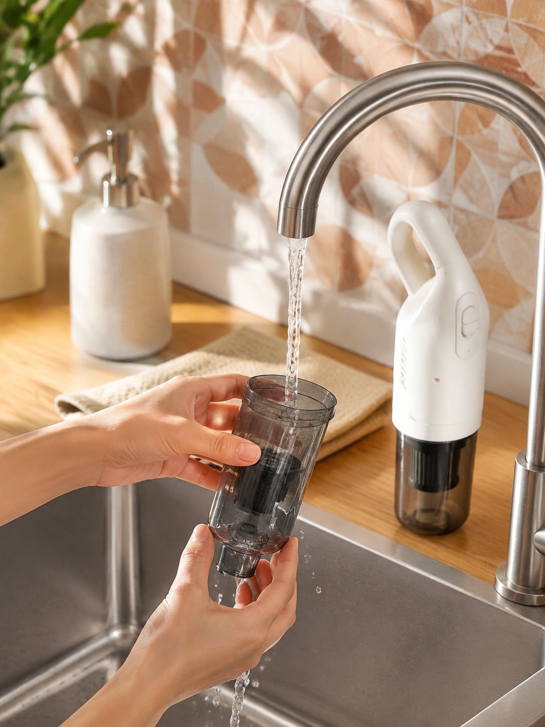 Aspiradora portátil guardada en estante de hogar moderno