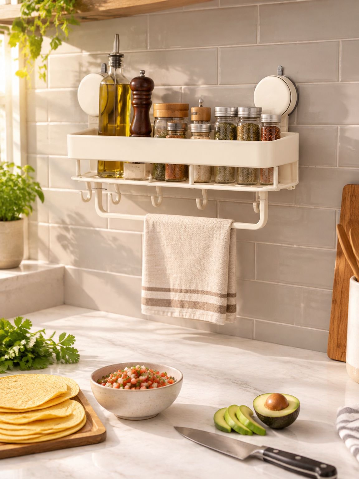 Accesorio de baño con ventosa y diseño elegante crema