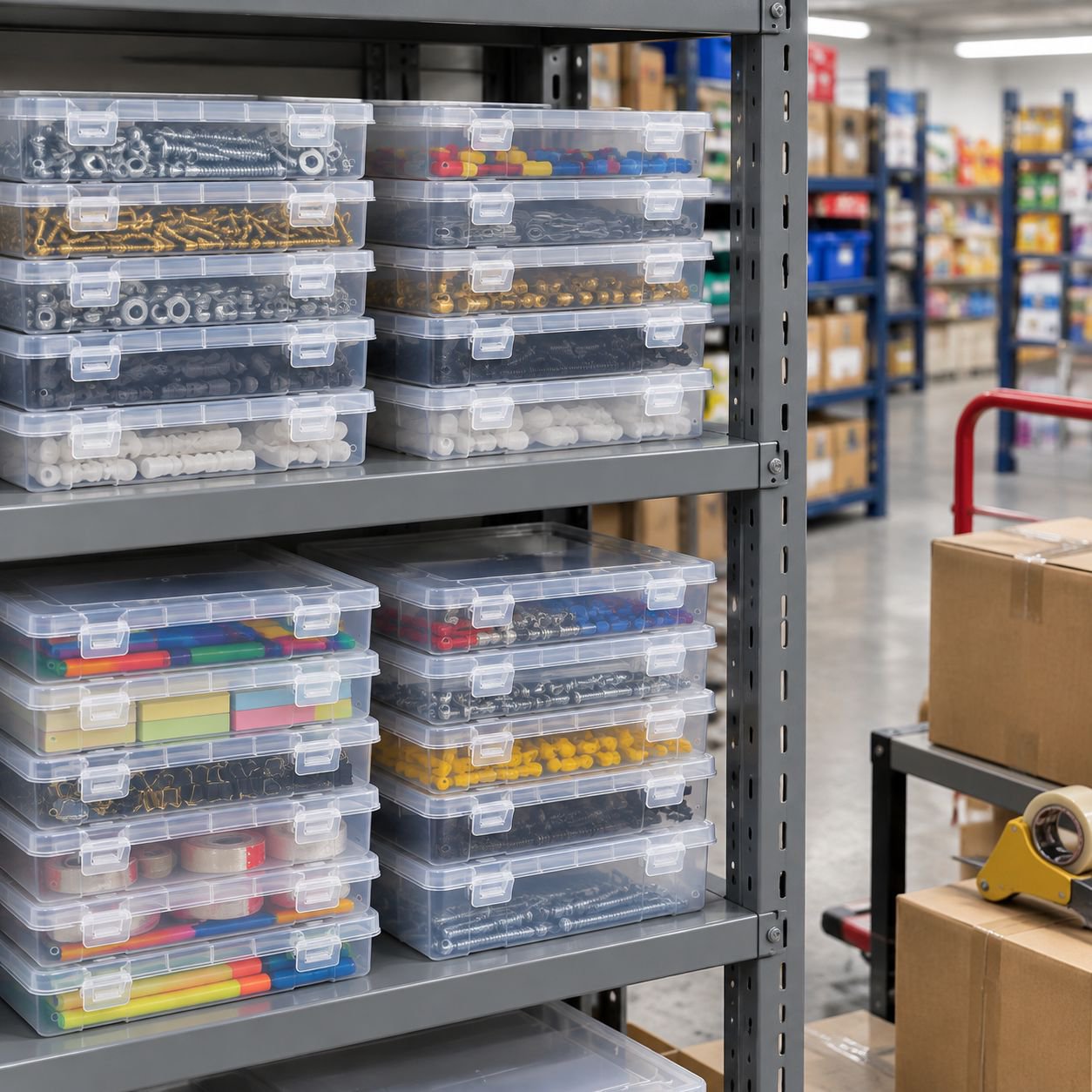 Cajas de almacenamiento apiladas en un armario para organización eficiente