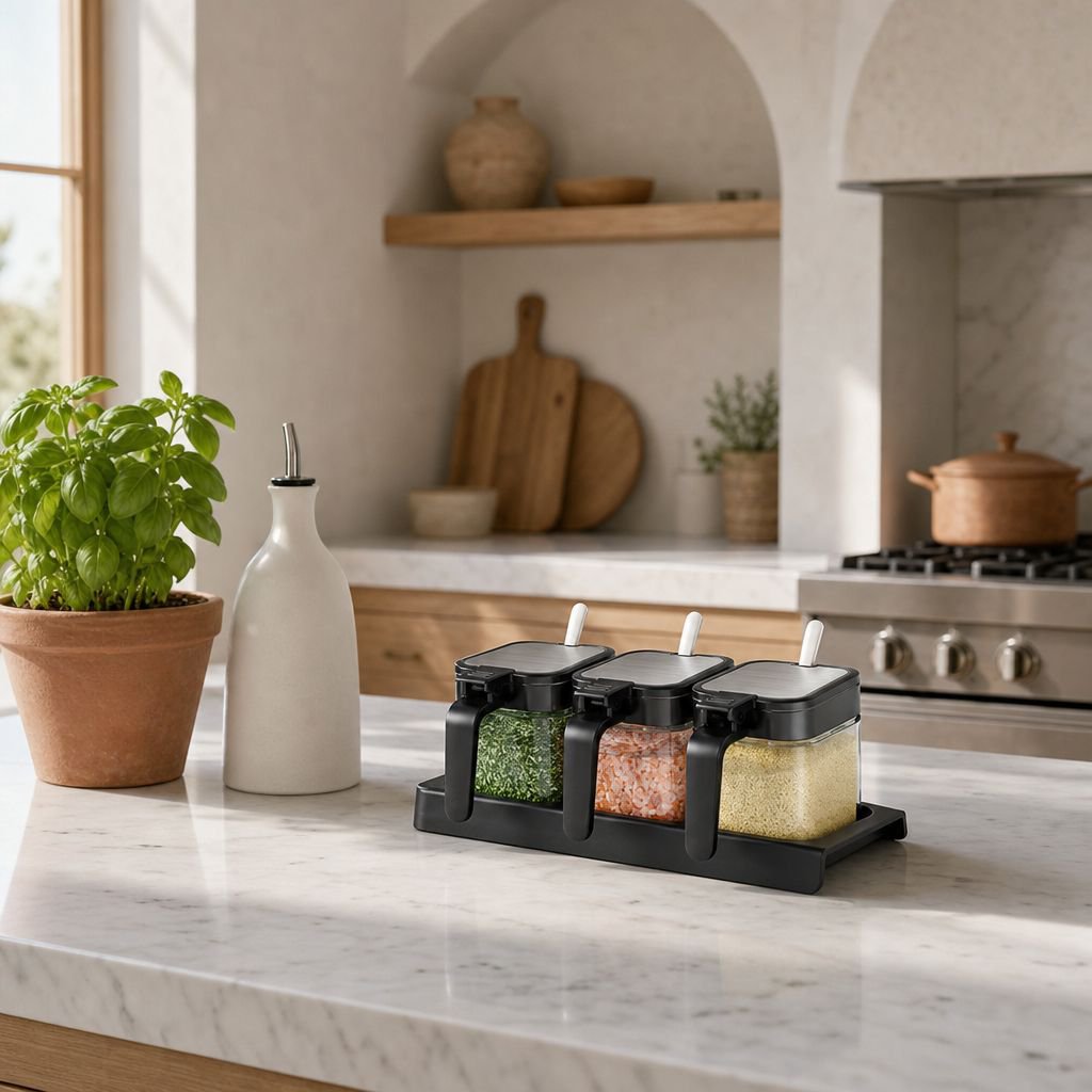 Set multifuncional de tarros de vidrio para condimentos con cuchara en cocina moderna