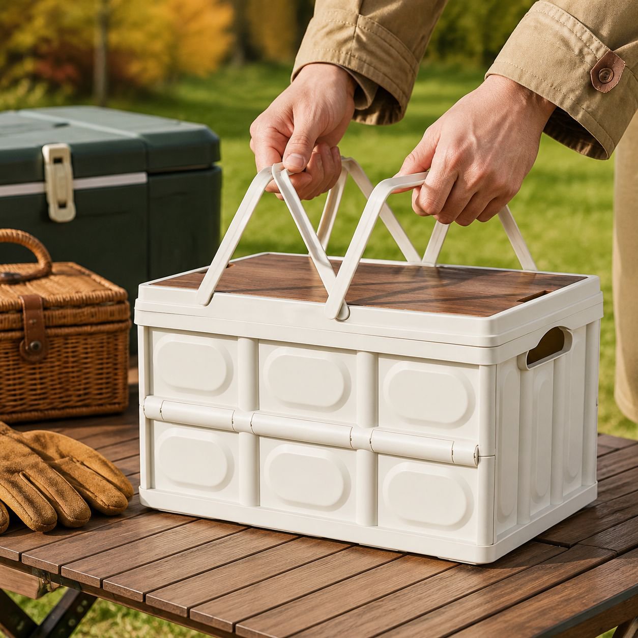 Folding storage basket with wooden tabletop in bedroom setting