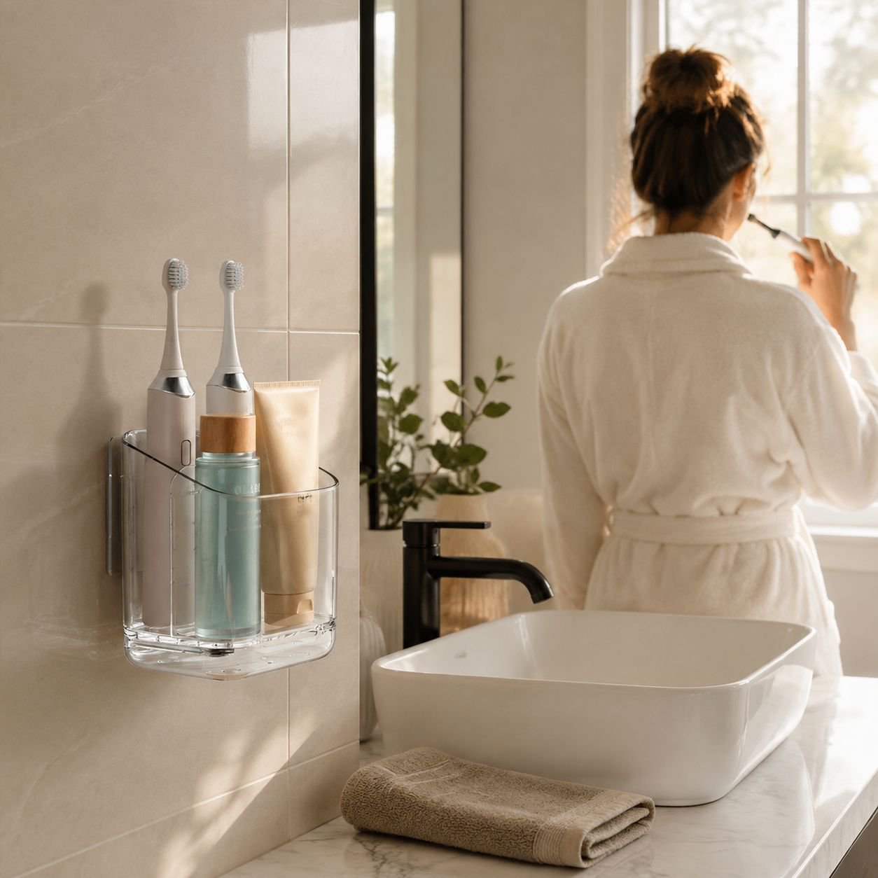 Multi-purpose wall-mounted storage box in bathroom