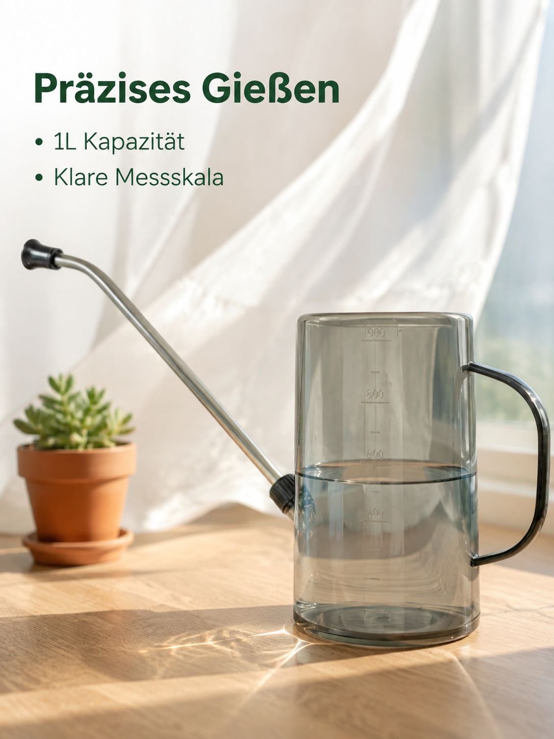 Edelstahl-Gießkanne mit langem Ausguss, transparent mit Skala, für den Haus- und Gartenbedarf