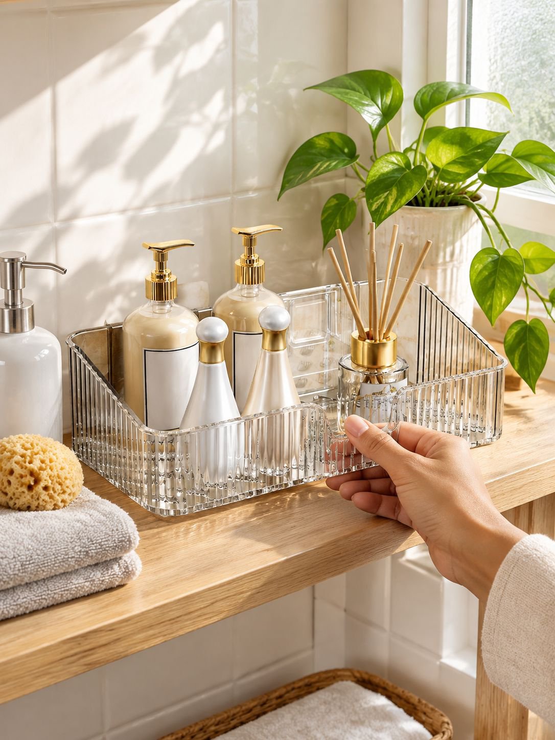 Caja organizadora multifuncional transparente para baño