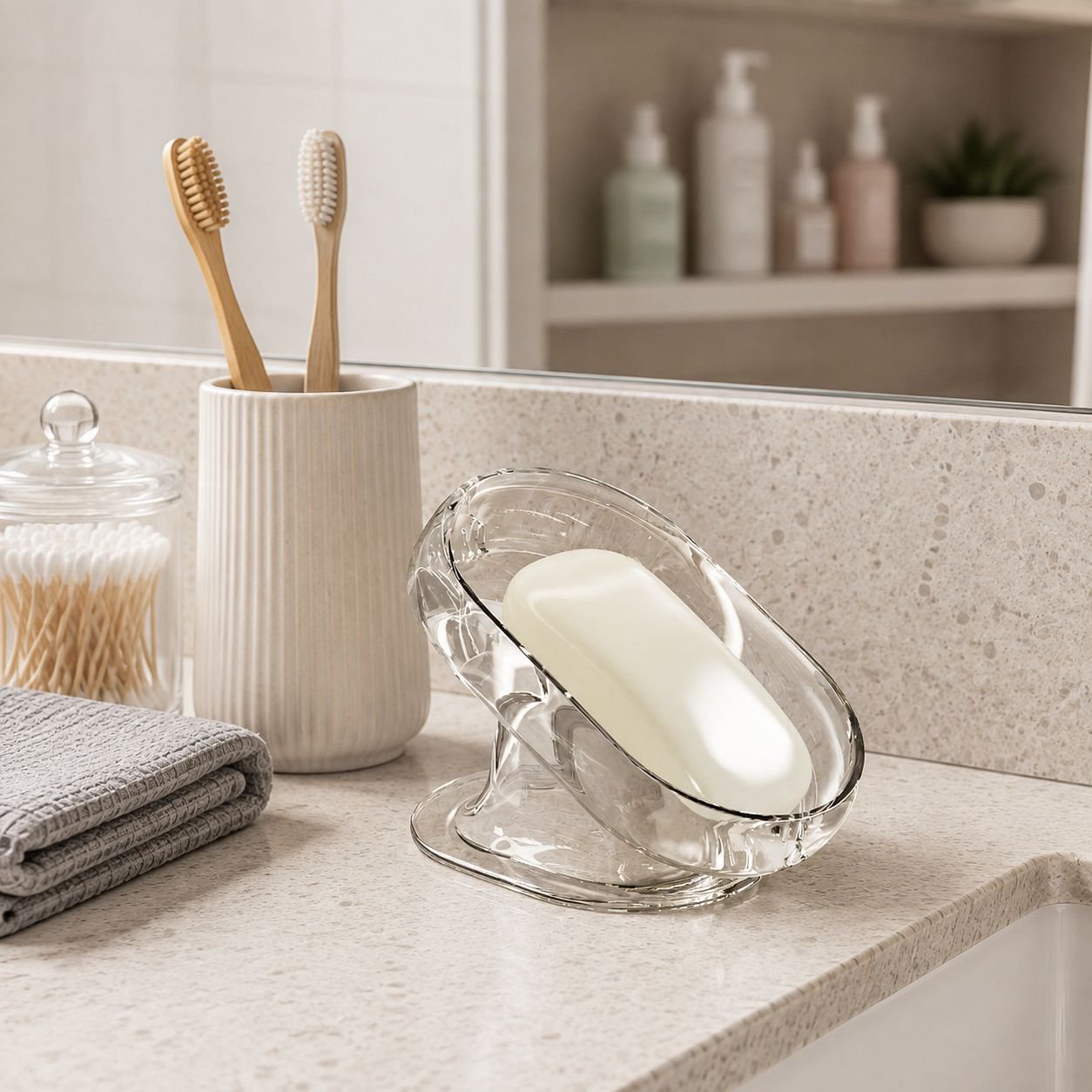 Modern style soap holder keeping soap dry and accessible