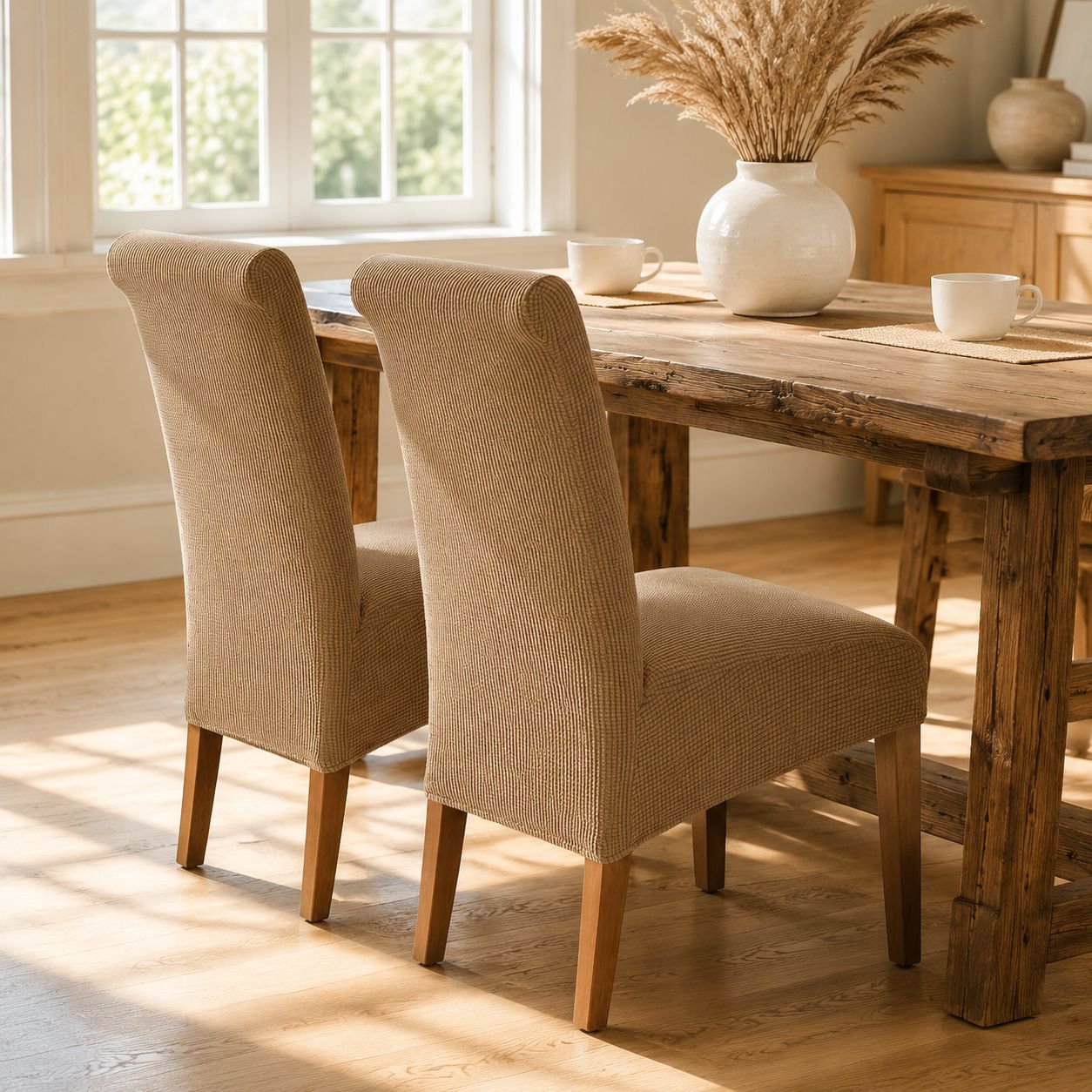 Stretchable velvet chair cover in living room setting