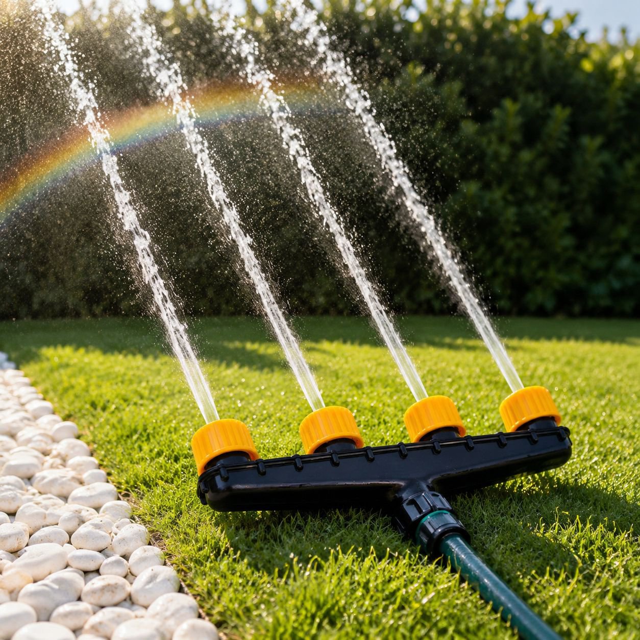 Close-up of adjustable sprinkler head on high-flow hose
