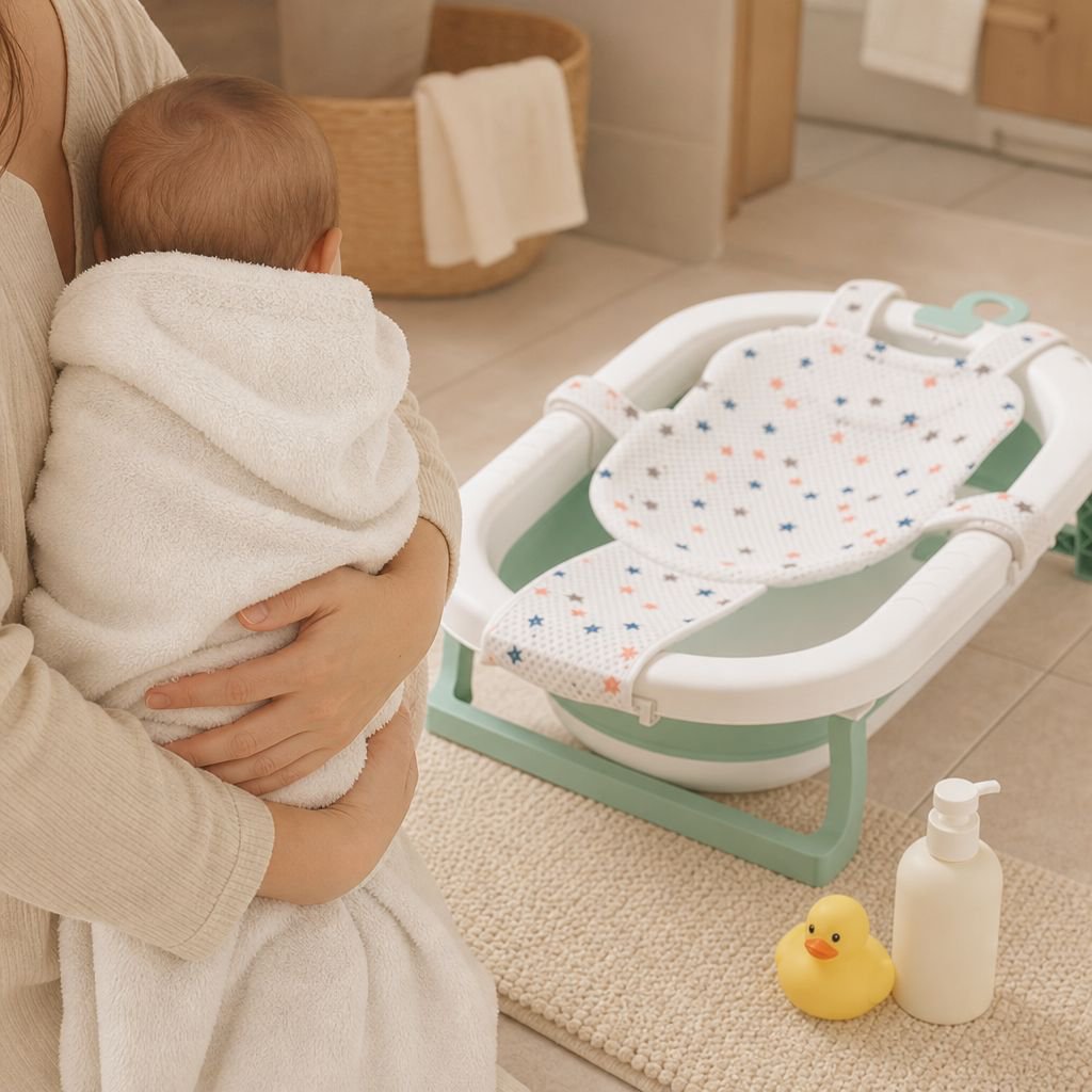 Space-saving baby bath tub for small bathrooms