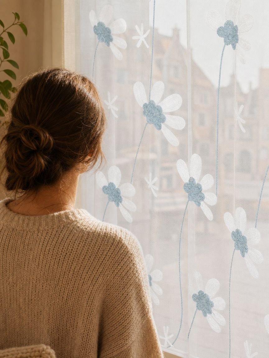 Fenstervorhang mit feiner Blumenstickerei für Wohnzimmer