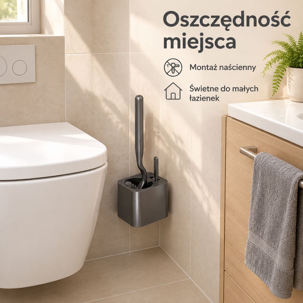 Zestaw szczotki toaletowej z pojemnikiem i sztywnym włosiem (kolor: ciemnoszary metalik, montaż ście