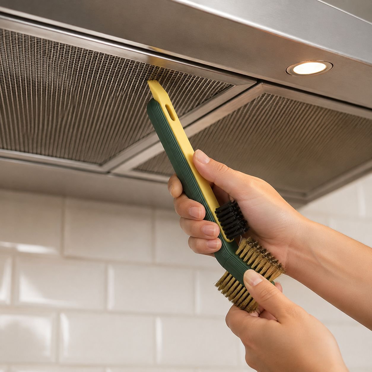 Scraper feature lifting burnt residue from stove