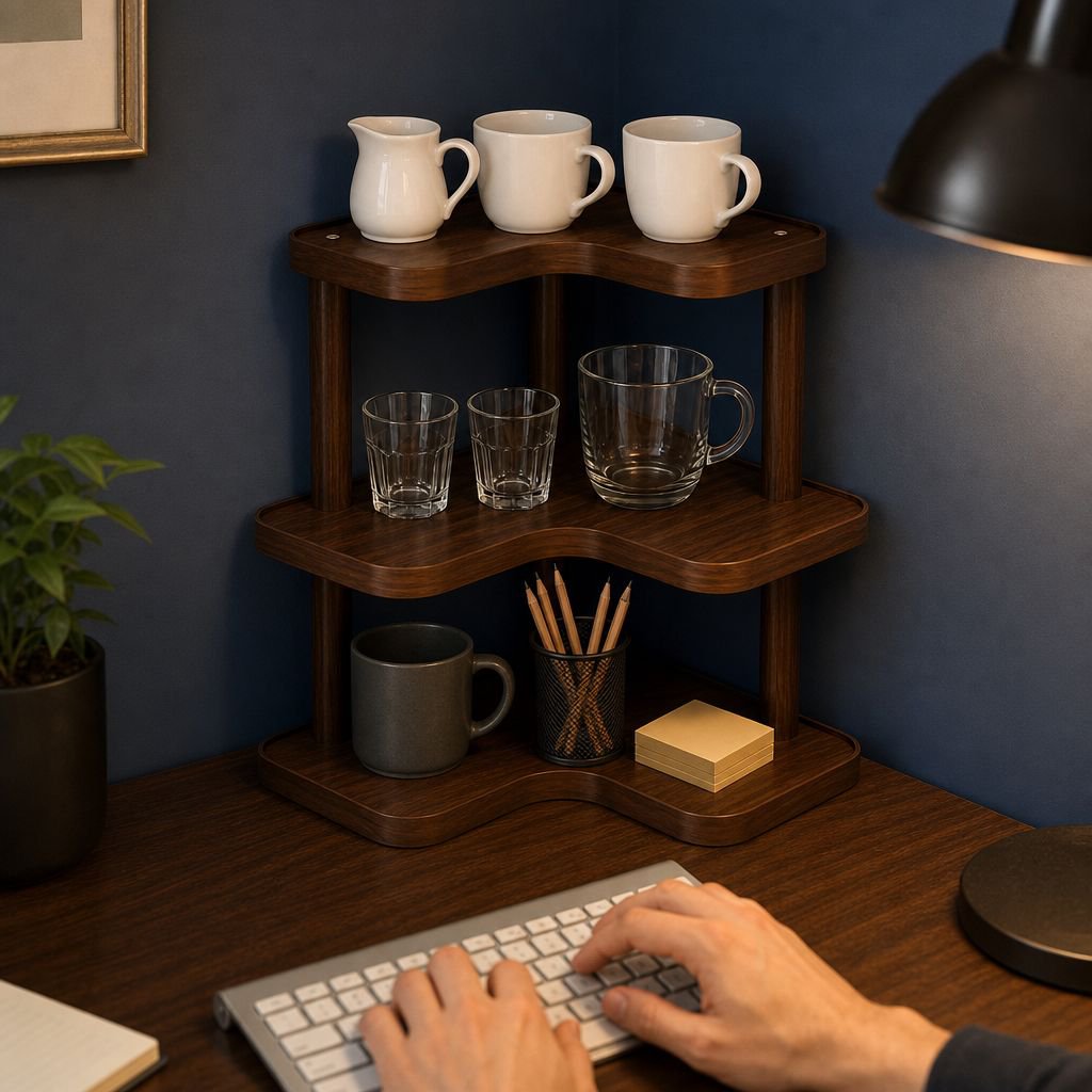 Bureau d'angle avec support à gobelets à étages