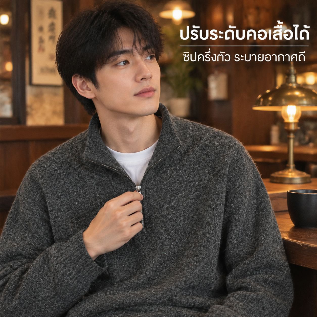 เสื้อกันหนาวไหมพรมคอสูงซิปครึ่งตัวสไตล์ญี่ปุ่น สำหรับฤดูใบไม้ร่วงและฤดูหนาว