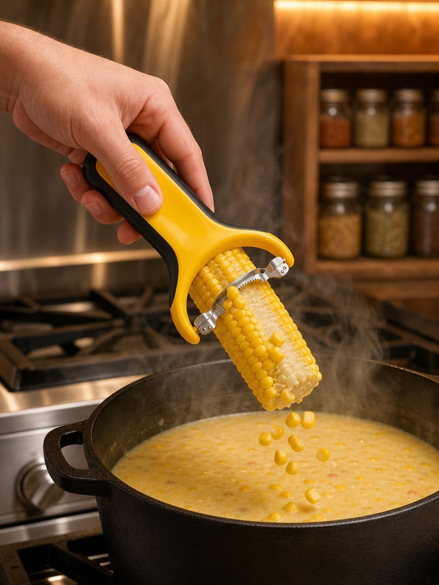 Close-up of corn peeler removing kernels